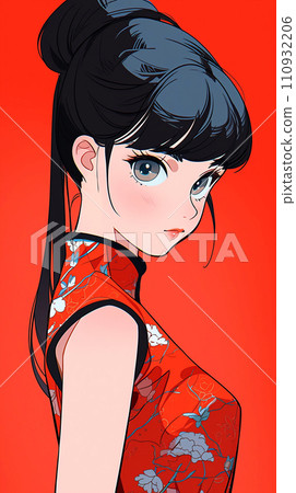 手绘卡通动漫穿着中式连衣裙的可爱女孩插画 110932206