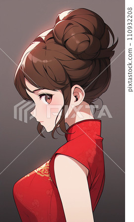 Hand drawn cartoon illustration of cute girl wearing Chinese dress 110932208