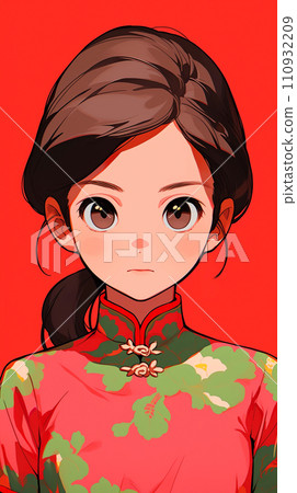 手绘卡通动漫穿着中式连衣裙的可爱女孩插画 110932209