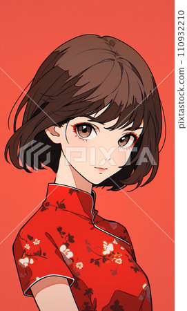 手绘卡通动漫穿着中式连衣裙的可爱女孩插画 110932210