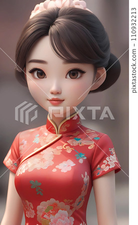 手绘卡通动漫穿着中式连衣裙的可爱女孩插画 110932213