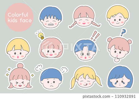 Colorful children's face sticker set with white border 110932891