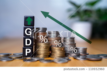 Gross domestic product, Financial, Management, Economic, Inflation, recession and Money concepts, GDP block with Coins stack and UP and Down arrow symbol icon. Gross domestic product, Financial, Management, Economic, Inflation, recession and Money concepts, GDP block with Coins stack and UP and Down arrow symbol icon. 110932960