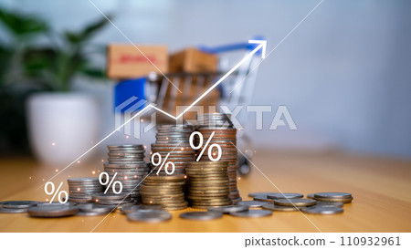 Stock trading. Finance. Investing. Growing business. Businessman in suit showing finger pointing to arrow tip on gray background. 110932961