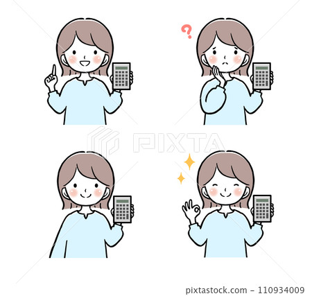 拿著計算器的女人的一組不同的上半身姿勢和臉部表情 110934009