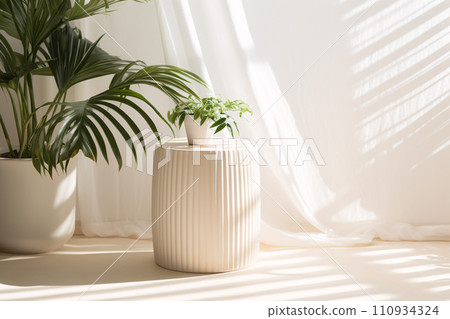 Tropical Paradise, White Wood Side Table with Lush Plant & Sunlit Shadows 110934324