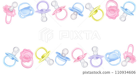 Baby pacifier dummy frame banner, boy girl. Pink blue violet green. Hand drawn watercolor illustration isolated on white background. Collection to newborn, baby shower, gender reveal party 110934606
