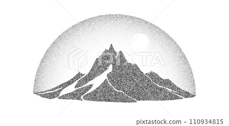 Grain stippled mountain range. Dotted landscape terrain silhouette. Black white grainy hill chain. Grunge noise nature background. Pointillism texture wallpaper. Vector dot work style illustration Grain stippled mountain range. Dotted landscape terrain silhouette. Black white grainy hill chain. Grunge noise nature background. Pointillism texture wallpaper. Vector dot work style illustration 110934815