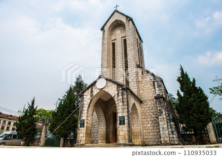 An iconic stone church of Sapa named Holy Rosary church the Gothic style church located in the heart of Sapa, Vietnam. 110935033
