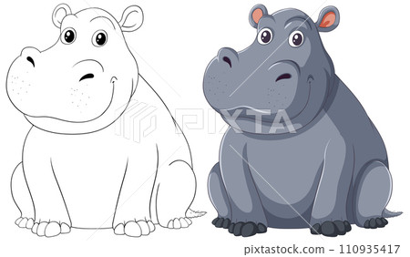 Colorful and Monochrome Hippo Illustrations 110935417
