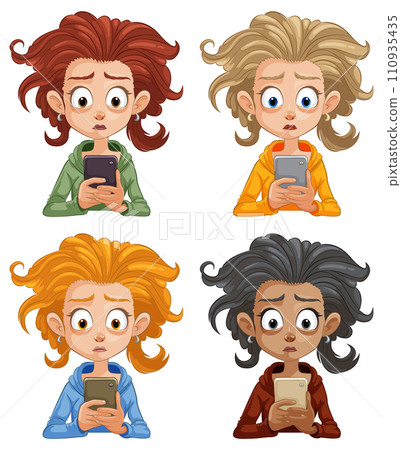 Surprised Cartoon Characters with Smartphones 110935435
