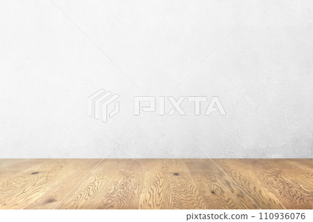 Natural wood table with wood grain and textured white wall background Natural wood table with wood grain and textured white wall background 110936076