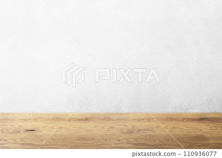 Natural wood table with wood grain and textured white wall background Natural wood table with wood grain and textured white wall background 110936077
