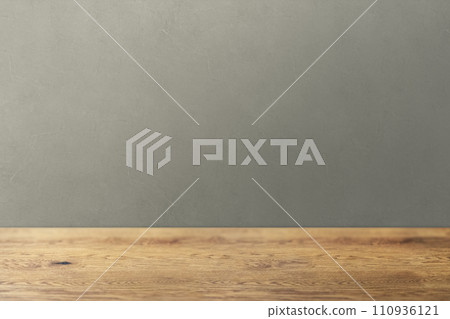 Natural wood table with wood grain and textured gray wall background Natural wood table with wood grain and textured gray wall background 110936121