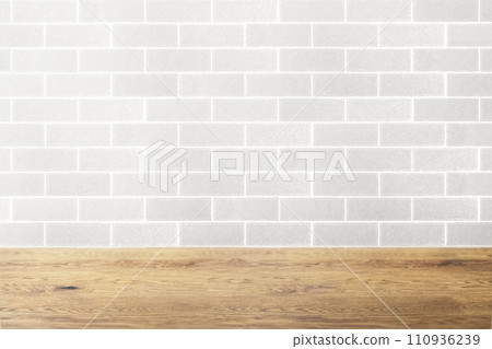 Natural wood table with wood grain and tile length wall background Natural wood table with wood grain and tile length wall background 110936239