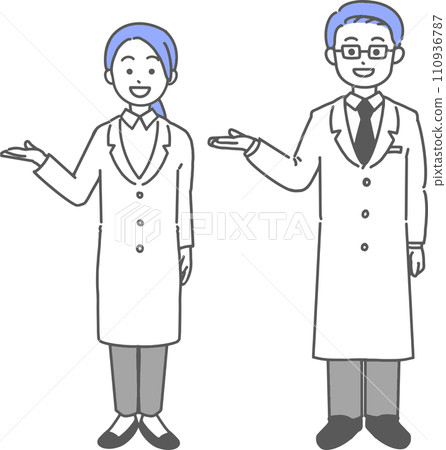 A simple illustration of a man and woman in white coats guiding people A simple illustration of a man and woman in white coats guiding people 110936787