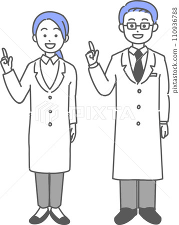 一個穿著白大褂的男人和女人引導人們的簡單插圖 一個穿著白大褂的男人和女人引導人們的簡單插圖 110936788
