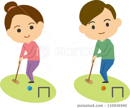 年輕男女打門球的圖像插圖集 110936940