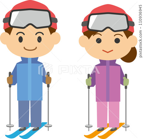 一個男人和一個女人滑雪的圖像插圖 一個男人和一個女人滑雪的圖像插圖 110936945