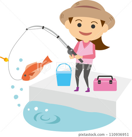 一個女人釣魚的圖像插圖 一個女人釣魚的圖像插圖 110936951
