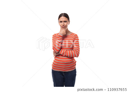 young smart caucasian woman with black hair is dressed in a striped orange jacket on a white 110937655