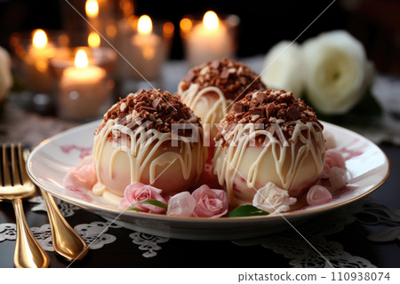 Delicious cakes or bonbonnieres for a wedding on a plate 110938074