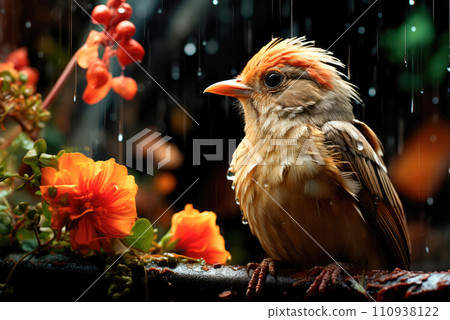 Bird with yellow, orange, beige plumage sits on a branch of a tree with flowers Bird with yellow, orange, beige plumage sits on a branch of a tree with flowers 110938122