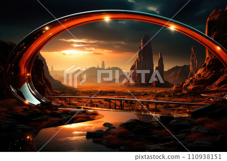 Futuristic sunset landscape with landscape and illuminated by neon bright metal 110938151