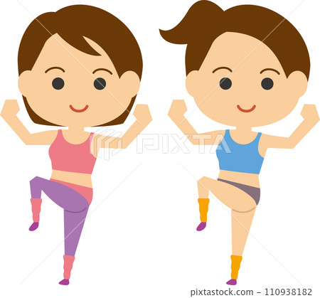 兩位女子做健身操的圖像插圖 兩位女子做健身操的圖像插圖 110938182