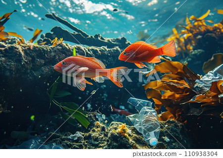 Marine life entangled or harmed by plastic waste in an underwater environment. Plastic pollution problem 110938304