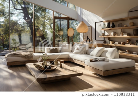 Living room with bright walls and flooring. The space with furniture featuring minimalist, geometric designs Living room with bright walls and flooring. The space with furniture featuring minimalist, geometric designs 110938311