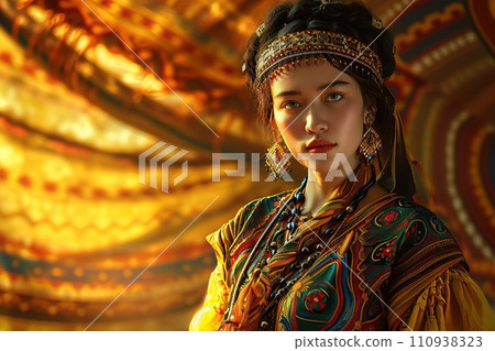Woman standing in yellow cloth Woman standing in yellow cloth 110938323