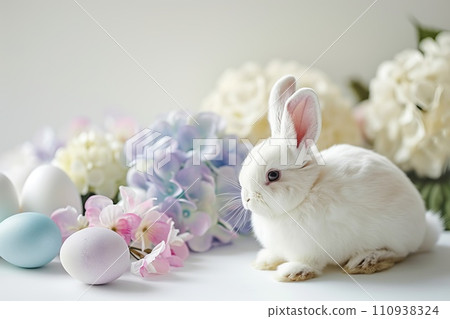 White Bunny surrounded by pastel colored eggs and blooming hydrangeas White Bunny surrounded by pastel colored eggs and blooming hydrangeas 110938324