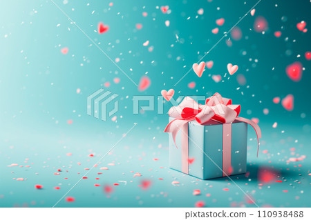 Mystery gift box with ribbon on solid bold background. Isometric view of present or giftbox with bow, 110938488