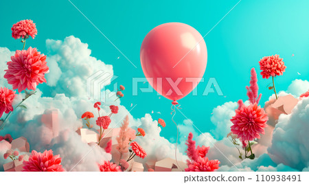 Poster or banner with clouds, hearts, balloons, flowers and presents on pastel blue 3D background for st. Valentine day 110938491