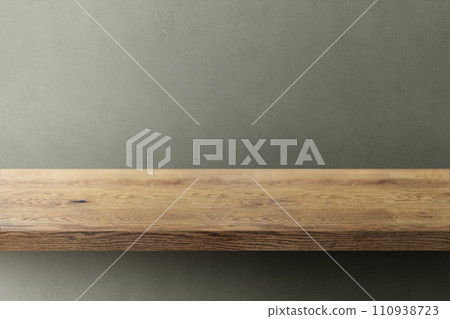Background of natural wooden shelf (stand) with wood grain and gray uneven wall 110938723
