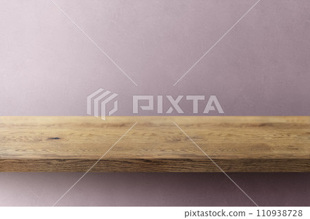Background of natural wooden shelf (stand) with wood grain and pink uneven wall Background of natural wooden shelf (stand) with wood grain and pink uneven wall 110938728
