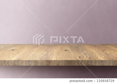 Background of natural wooden shelf (stand) with wood grain and pink uneven wall Background of natural wooden shelf (stand) with wood grain and pink uneven wall 110938729