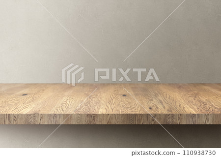 Background of natural wooden shelf (stand) with wood grain and gray uneven wall Background of natural wooden shelf (stand) with wood grain and gray uneven wall 110938730