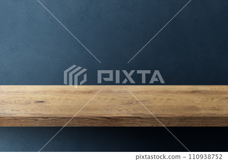 Background of natural wooden shelf (stand) with wood grain and blue uneven wall 110938752