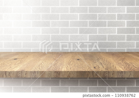 Natural wooden shelf (stand) with wood grain and tile wall background Natural wooden shelf (stand) with wood grain and tile wall background 110938762