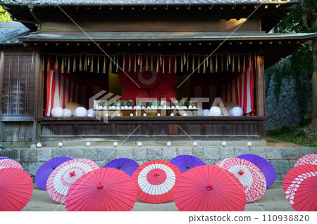 Colorful banasa and worship hall decorated in the grounds of Momiji Hachimangu Shrine Colorful banasa and worship hall decorated in the grounds of Momiji Hachimangu Shrine 110938820