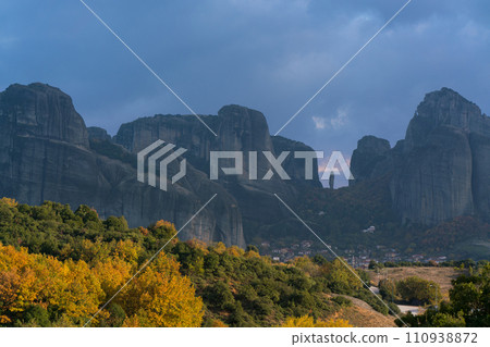 view of the rocks of Meteora complex in Greece and Kastraki village view of the rocks of Meteora complex in Greece and Kastraki village 110938872