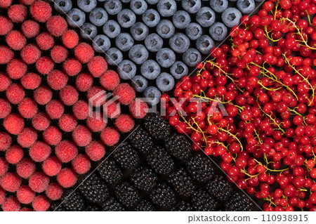 Fresh raspberries, blackberries, redcurrant and blueberries in one layer Fresh raspberries, blackberries, redcurrant and blueberries in one layer 110938915
