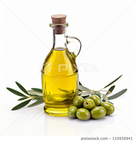 Olive branch and olive oil bottle isolated on white Olive branch and olive oil bottle isolated on white 110938941