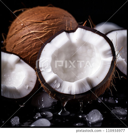 Fresh ripe tropical coconuts isolated on a black background. Fresh ripe tropical coconuts isolated on a black background. 110938977