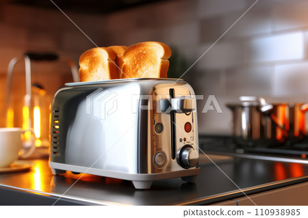 Toaster with bread slices on kitchen table Toaster with bread slices on kitchen table 110938985