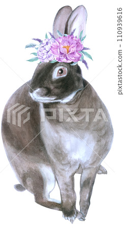 Rabbit Easter animal with flower watercolor Rabbit Easter animal with flower watercolor 110939616