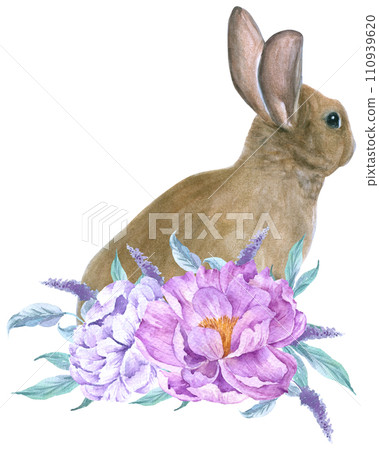 Rabbit Easter animal with flower watercolor 110939620
