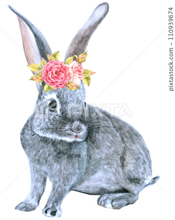 Rabbit Easter animal with flower watercolor 110939674